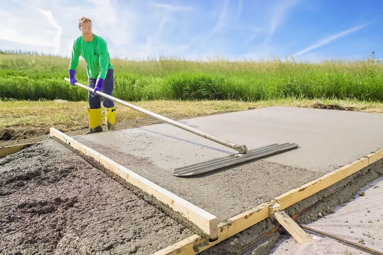 Crew floating a freshly poured concrete slab inside wood forms